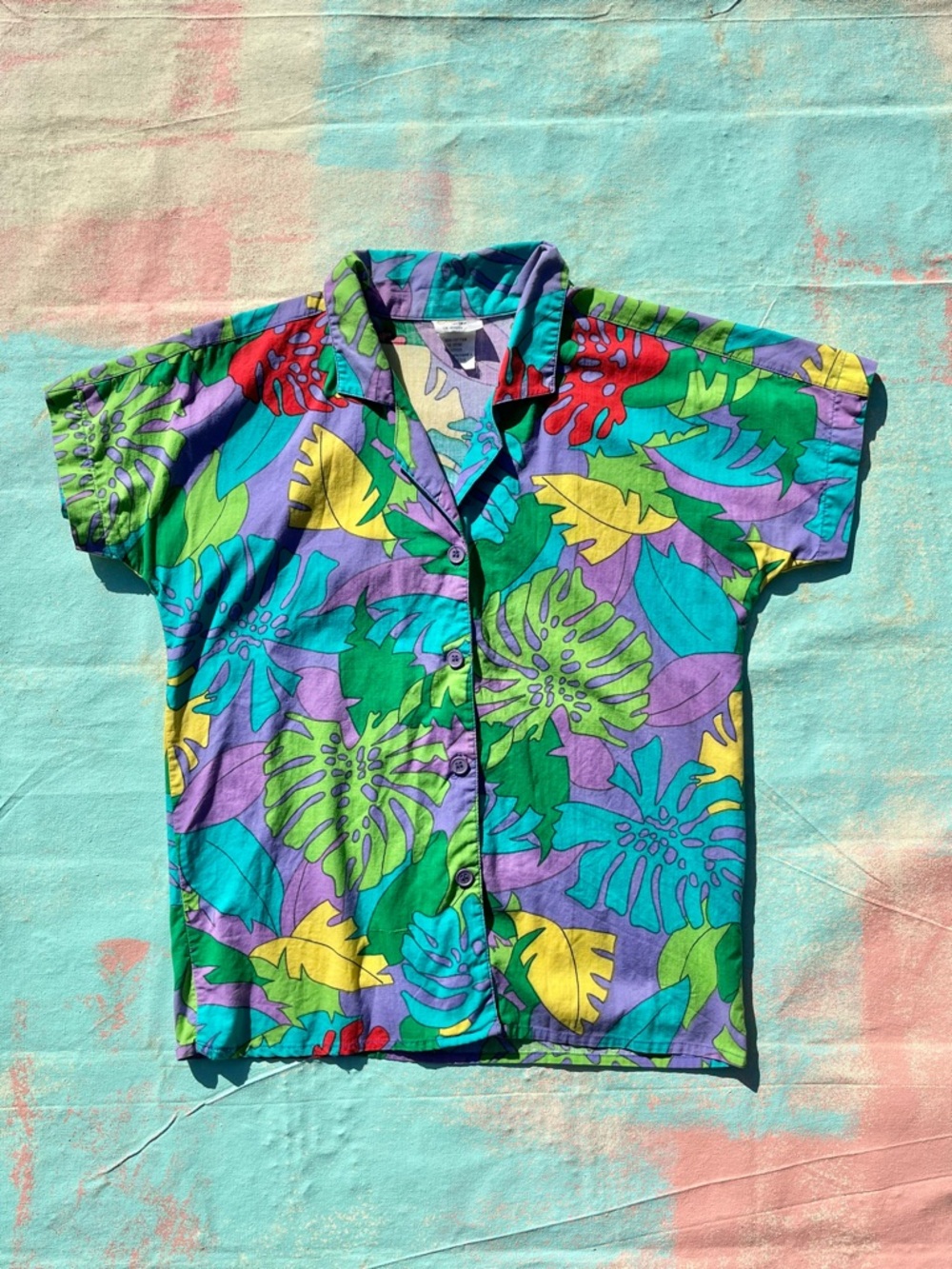 Vintage Short-Sleeve Cotton Tropical Button-Front Shirt - Multicolor